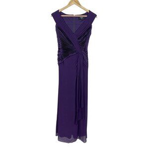 TADASHI COLLECTION PURPLE SILK CHIFFON V-NECK PLEATED GOWN